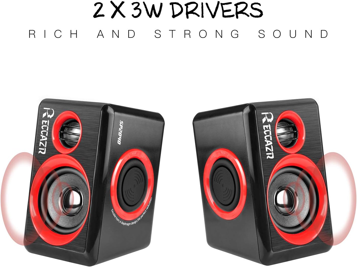 Reccazr SP2040 | 2.0 CH Computer Speakers with Surround Sound & Deep Bass - USB Wired, Red