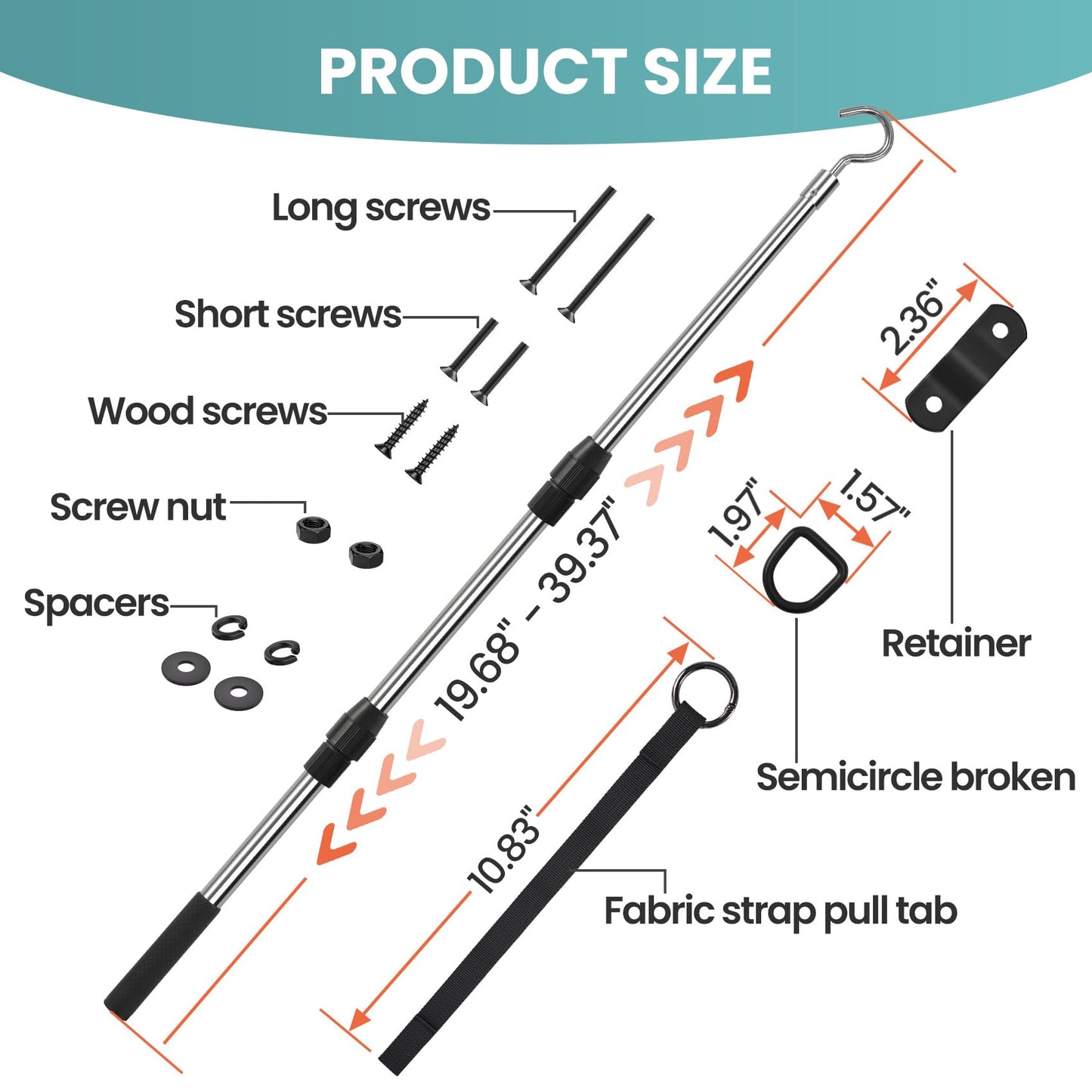 Attic Pull Down Hook, Extendable Attic Pull Rod, Attic Ladder Pull Down System Kit Contains One 40-Inch Telescopic Pole, 1 * D-Ring, 1 * O-Ring with Rope Around It