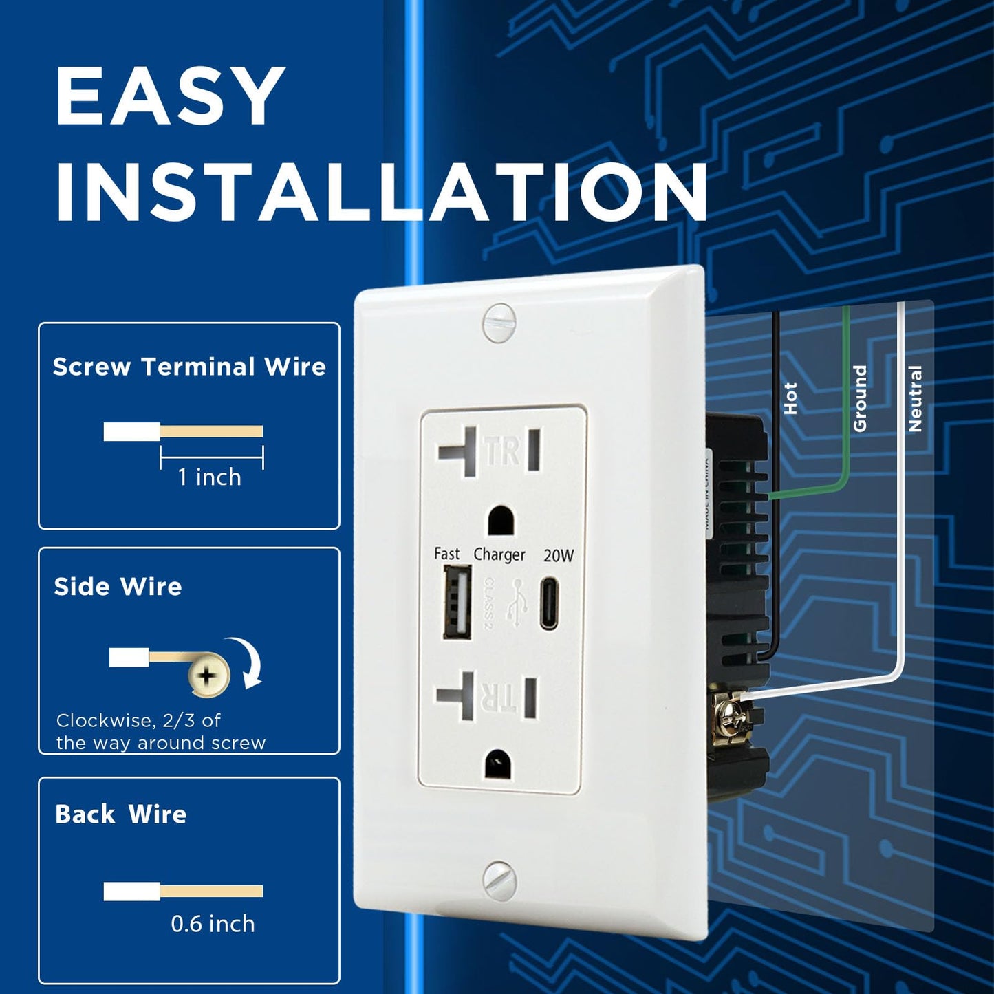 LGL USB C Charger Wall Outlet, 20W Fast Charging USB A & C Port Wall Receptacle, 20Amp 125 V Duplex Tamper Resistant Receptacle, ETL Listed, Wall Plate Included, White (1 Pack)