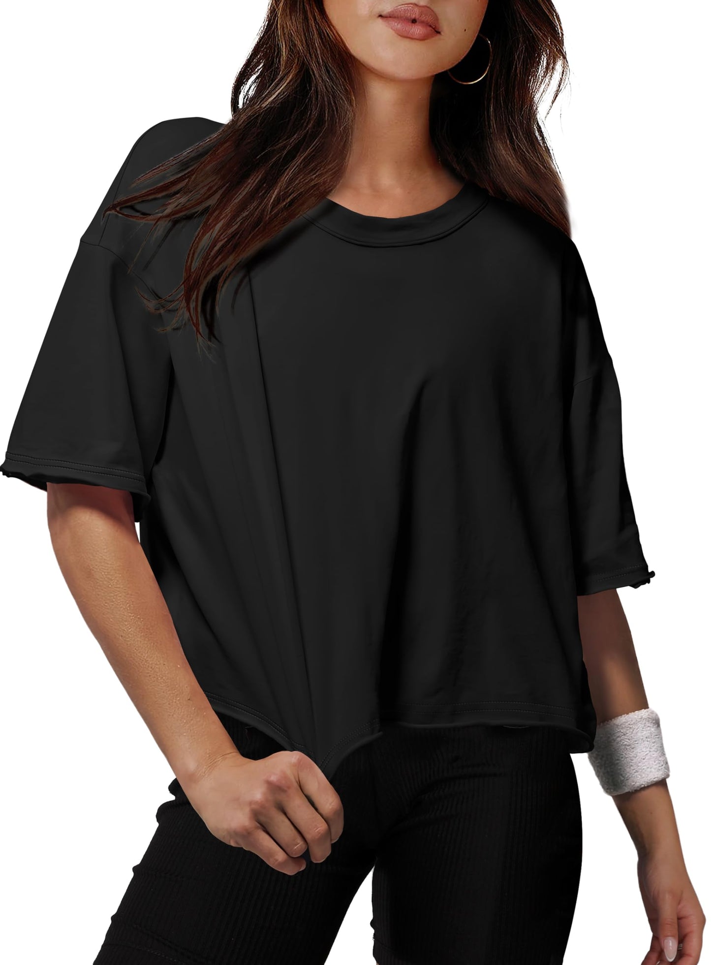 Oversized Crop Tops for Women Workout Short Sleeve Drop Shoulder Tee Shirts Athletic Running Tops Roll Hem Black S