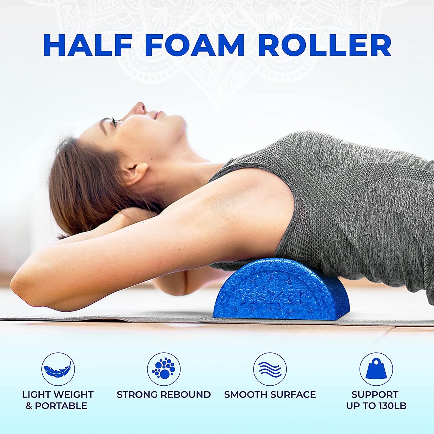 Yes4All Half Foam Roller, EPP High-Density Material, High Firmness Level, Back Roller for Athlete & Professional, Suitable for Back, Stretching, & Pilates, 12/18/24/36 inch, Blue, 12 inch