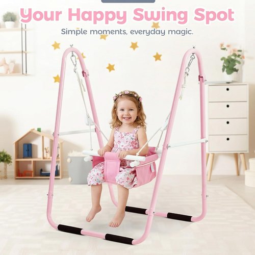 FUNLIO U-Shape Toddler Swing Set - Heavy Duty Metal Frame with Sandbags & Anti-Slip Pads | Portable Pink Design for Indoor/Outdoor Use