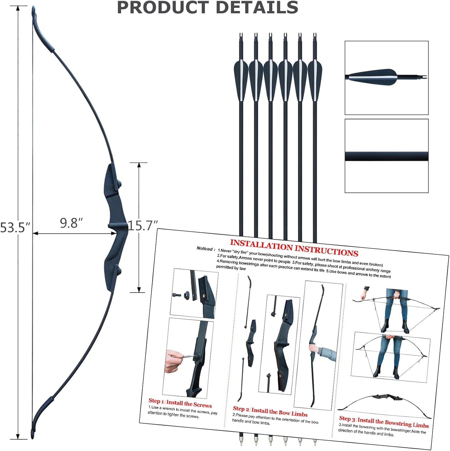 Tongtu Recurve Bow - Takedown Bow Set for Right & Left-Handed Beginners | 30lb & 40lb Options with 6 Arrows