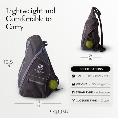 Pik’le’Ball Sports Pickleball Sling Bag – Stylish, Waterproof, Lightweight, & Spacious Crossbody Sling Bag for Men and Women with Pickleball Paddles Pocket, Ball Holder, Adjustable Strap – Grey