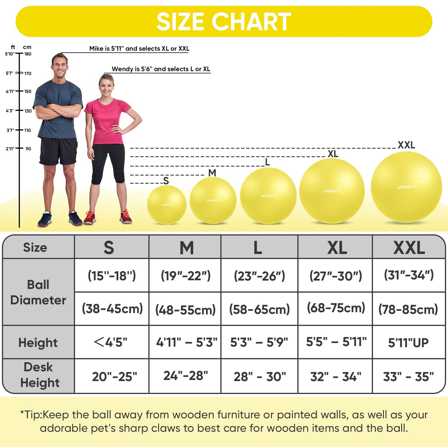 APEXUP Yoga Ball, 660 lbs Anti-Burst Exercise Ball with Pump, 5 Sizes (S (15"~18") 45cm, Yellow)