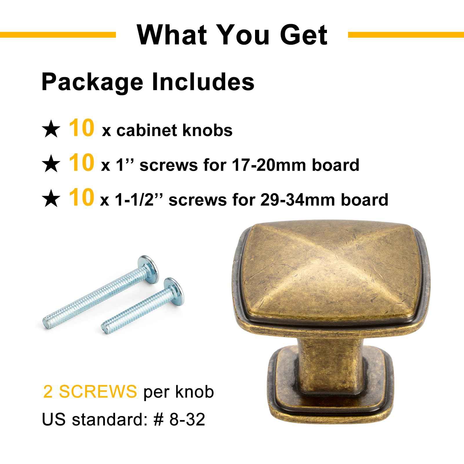 BEROSSA Antique Brass Cabinet Knobs Vintage Brass Drawer Knobs, 10 Pack 1-1/4 Inch, 1990 Square Single Hole Cabinet Pulls for Kitchen Cabinets Drawers Bedroom Dresser Cupboard Bathroom Vanity