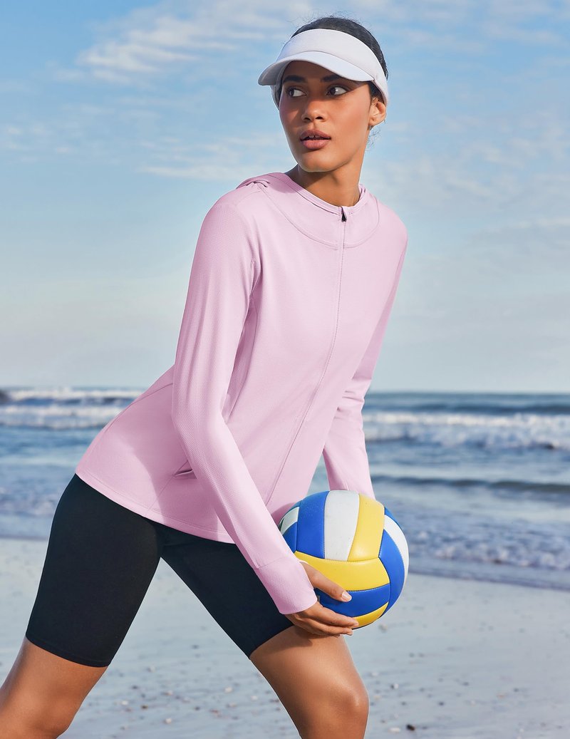PINSPARK Women's UPF 50+ Sun Protection Jacket Hooded Full Zip Up Lightweight Sports Jackets with Thumb Holes Long Sleeve Gym Tops with Pockets Pink XL