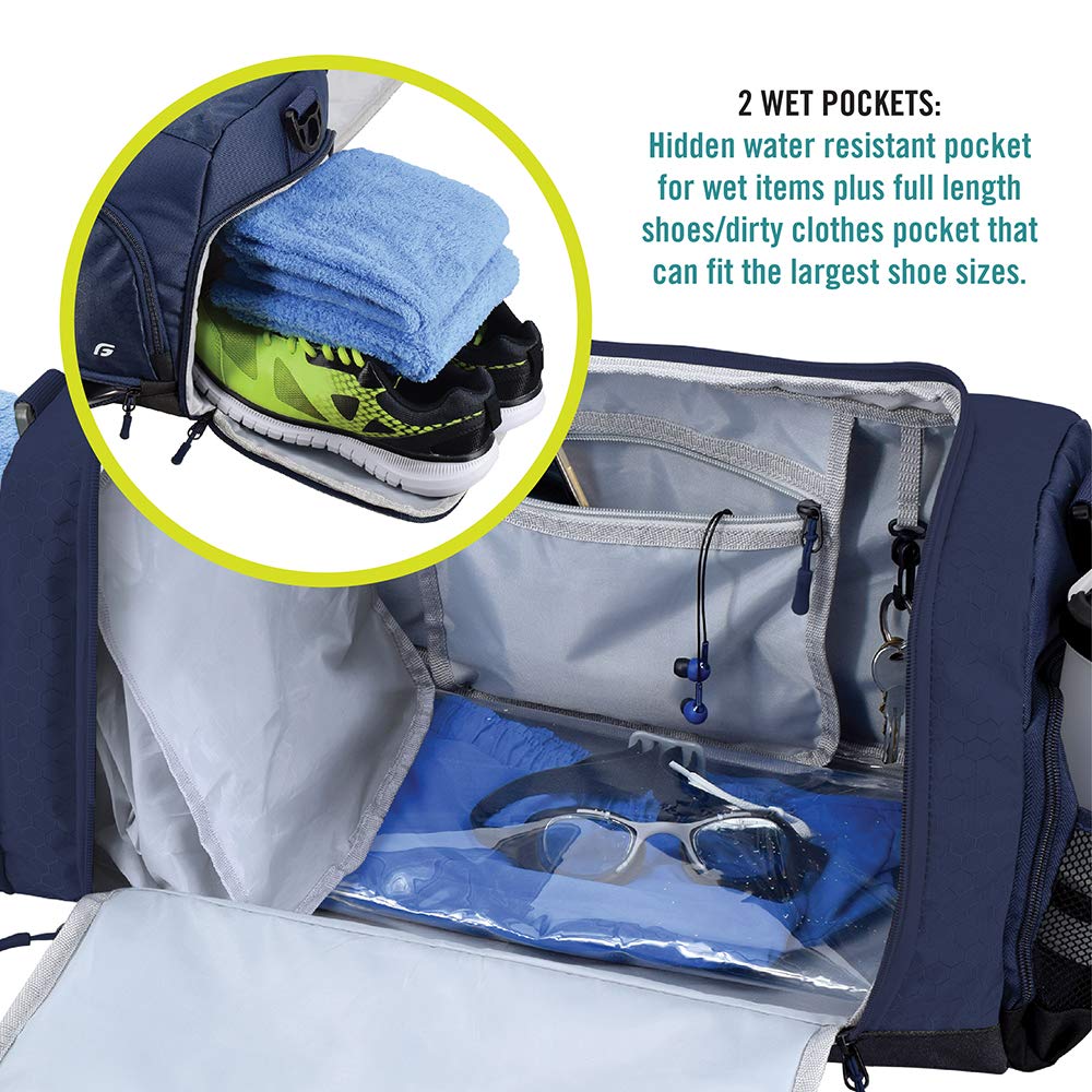 Ultimate Gym Bag 2.0: The Durable Crowdsource Designed Duffel Bag with 10 Optimal Compartments Including Water Resistant Pouch, Blue, Medium (20")