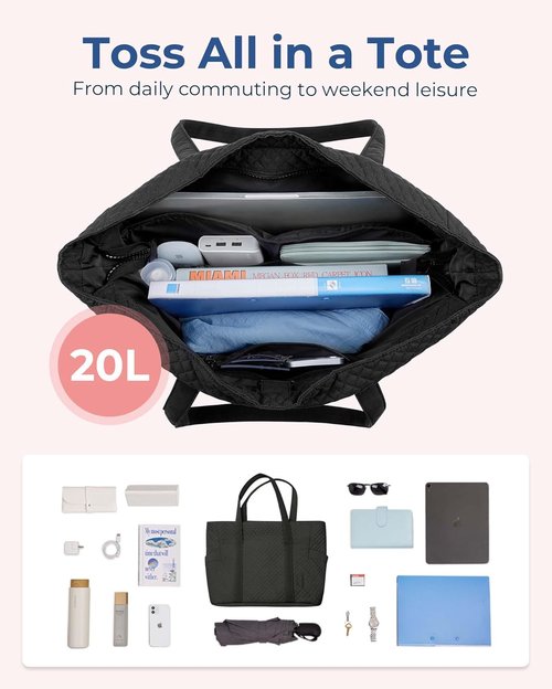 BAGSMART Crush Tote Bag - 20L Quilted Work Tote with Zipper | Stylish Travel Essentials for Women