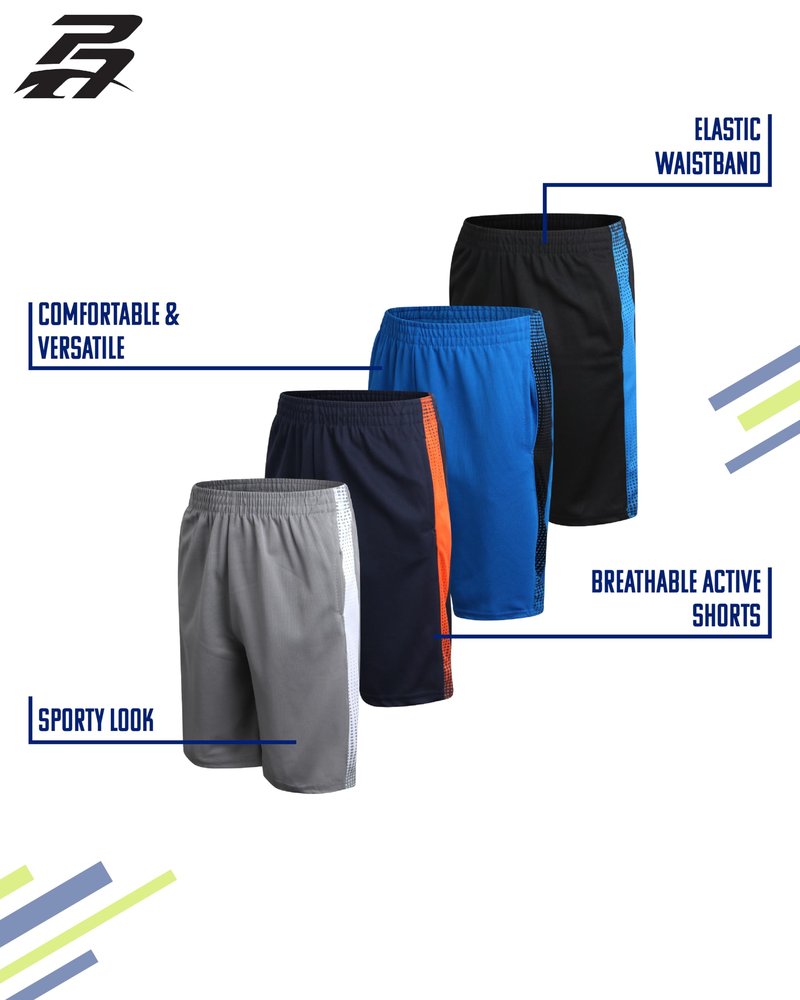 Pro Athlete Boys Basketball Shorts - 4 Pack Athletic Gym Shorts with Elastic Waistband & Zipper Pockets for Workout & Running, Size 10-12, Navy/Black/Grey/Royal