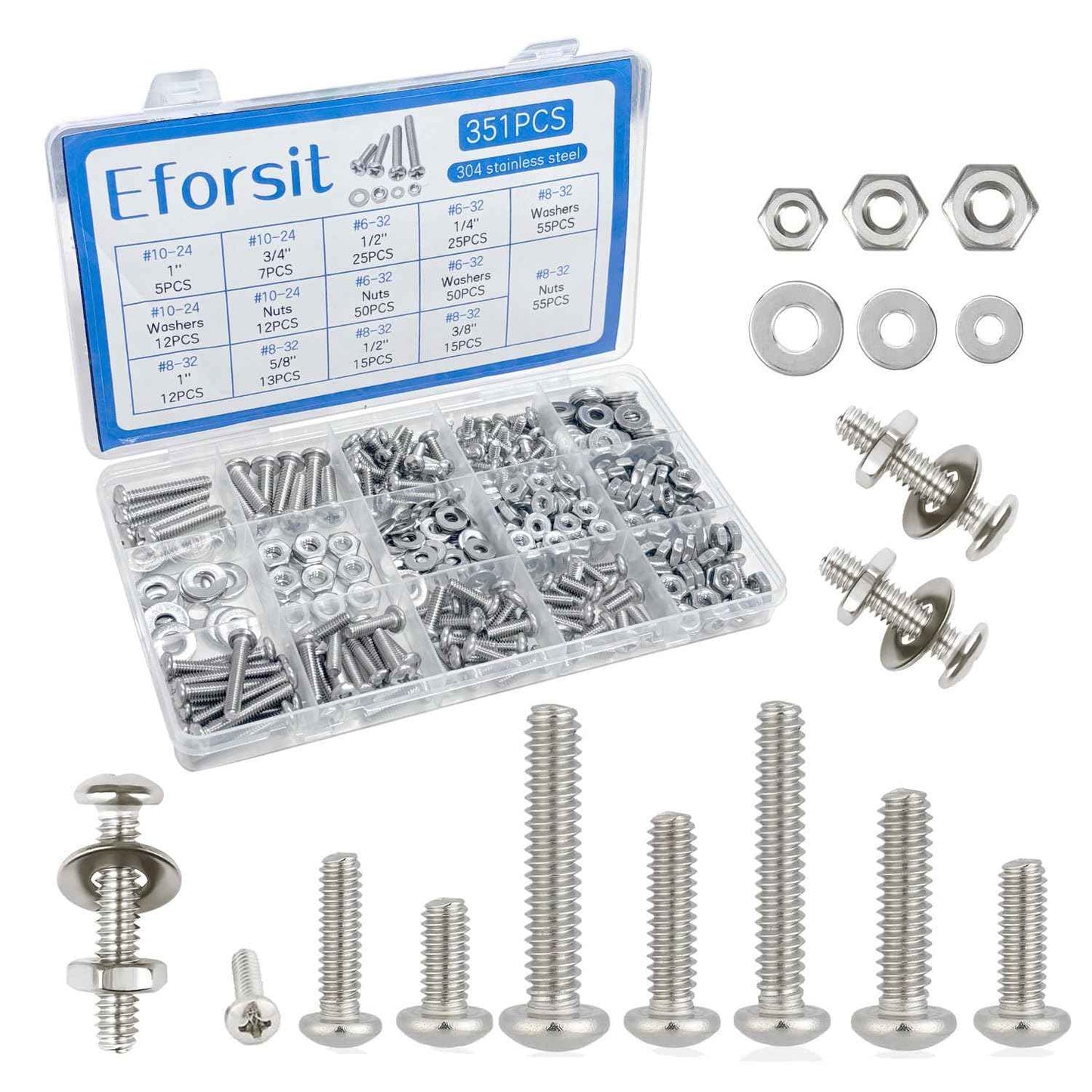351Pcs Nuts and Bolts Assortment Kits 304 Stainless Steel Machine Screw，SAE 8 Szie #10-24#8-32#6-32 Assorted Nuts Washers Set and Phillips Pan Head Bolt