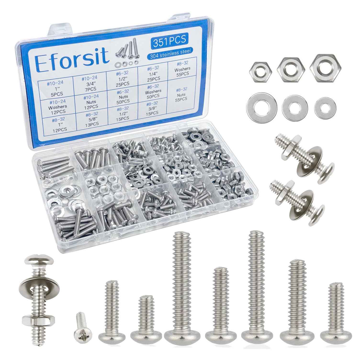 351Pcs Nuts and Bolts Assortment Kits 304 Stainless Steel Machine Screw，SAE 8 Szie #10-24#8-32#6-32 Assorted Nuts Washers Set and Phillips Pan Head Bolt