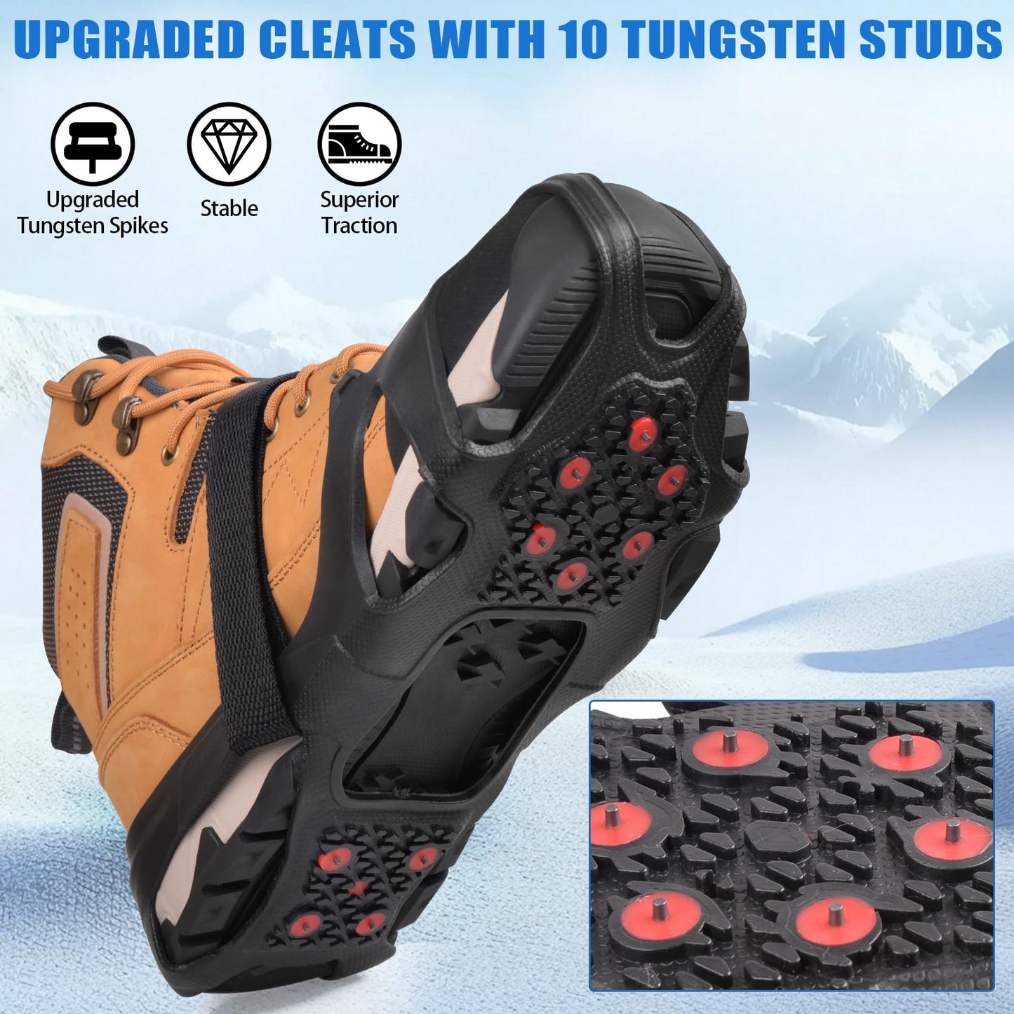 Ice Cleats Tungsten Crampons, Anti Slip Shoes Grippers with Reflective Heel, Ice Snow Cleats for Shoes and Boots Men Women Slip-on Overshoes Stretch Footwear, Size M