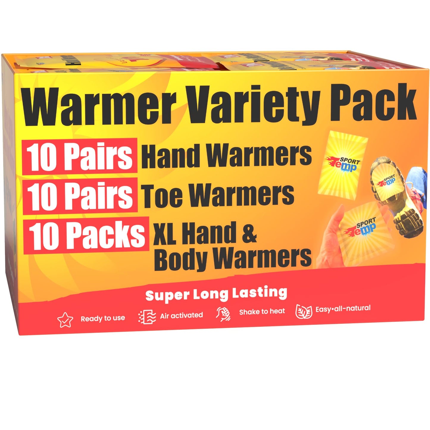 Hand, Toe, & XL Body and Hand Warmers - Variety Pack, 10 Pairs Hand Warmers, 10 Pairs Toe Warmers with Adhesive, 10 XL Hand & Body Warmers - Air Activated - Odorless Hot Hand - Sport Temp