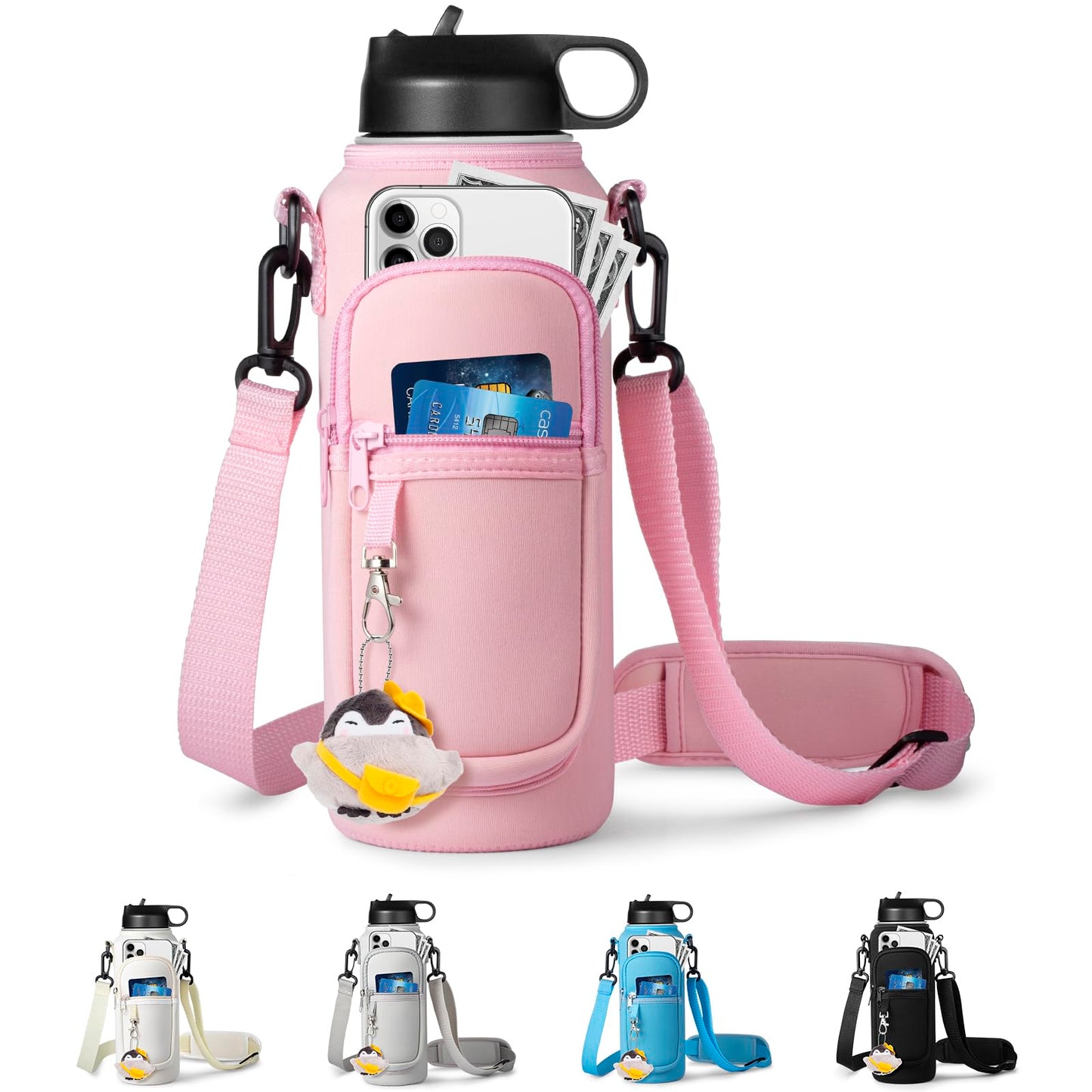 RRegeny Water Bottle Holder with Strap for Hydroflask 32oz 40oz, Carrier Sling Bag with Phone Pocket Sleeve for Men Women Hiking Camping Travelling（Pink 40oz）