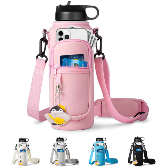 RRegeny Water Bottle Holder with Strap for Hydroflask 32oz 40oz, Carrier Sling Bag with Phone Pocket Sleeve for Men Women Hiking Camping Travelling（Pink 40oz）