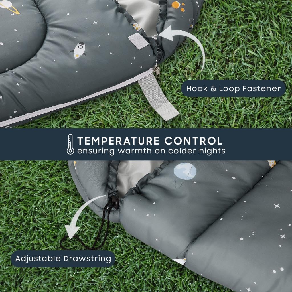 Wake In Cloud - Kids Sleeping Bag for Boys Toddlers, Camping in Warm Cold Weather, Backpacking Lightweight Compact Outdoor Liner for 3 Seasons, Galaxy Space, Gray