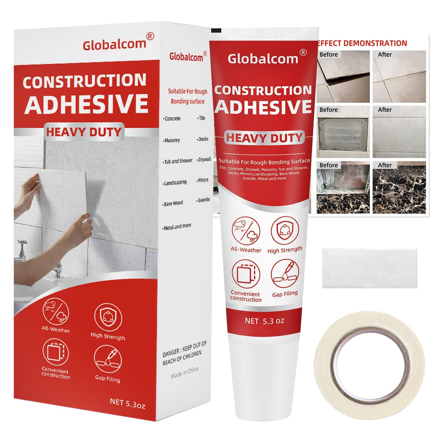 Globalcom Heavy Duty Construction Adhesive, Tile and Stone Marble Granite Wood Floor Adhesive, Gap Filling and Waterproof - 5.3 oz White