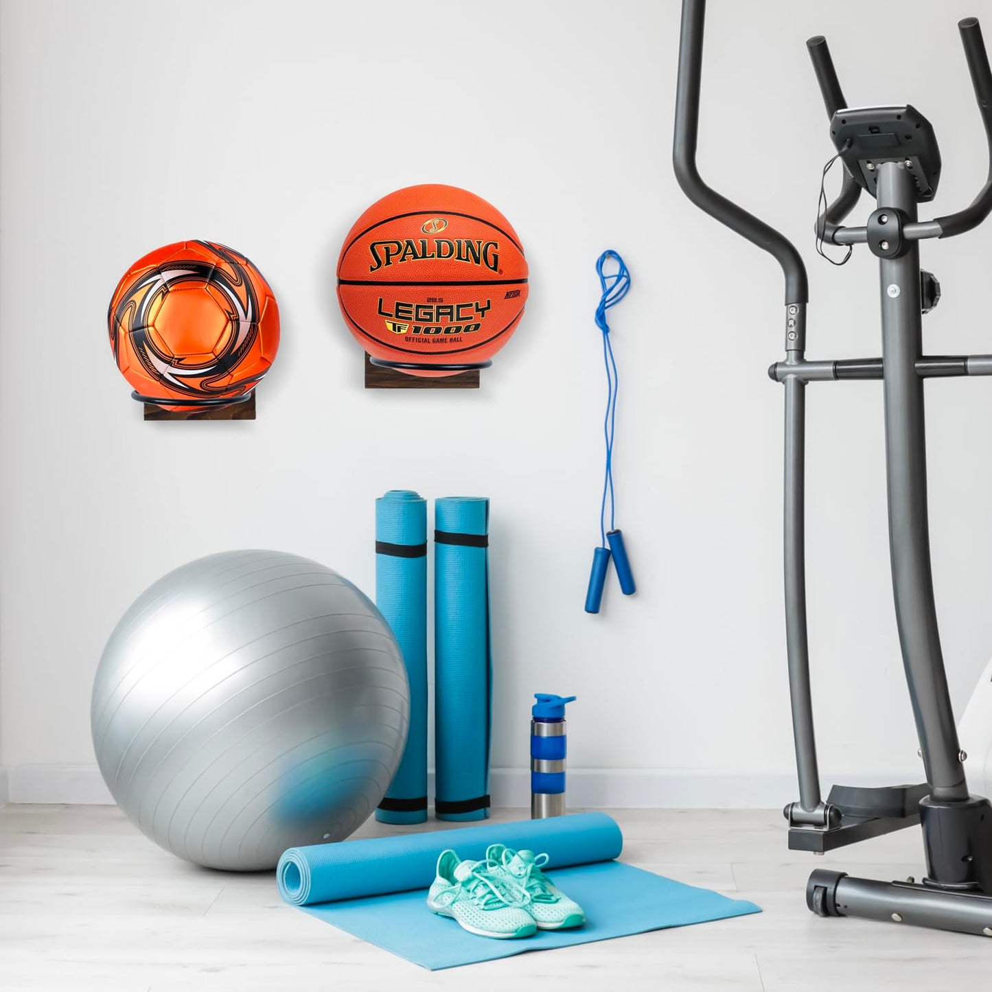 MyGift Wall-Mounted Sport Ball Rack Display Holder - Solid Brown Wood and Metal Hanging Gym Basketball Football Volleyball Soccer Ball Equipment Storage, Set of 2