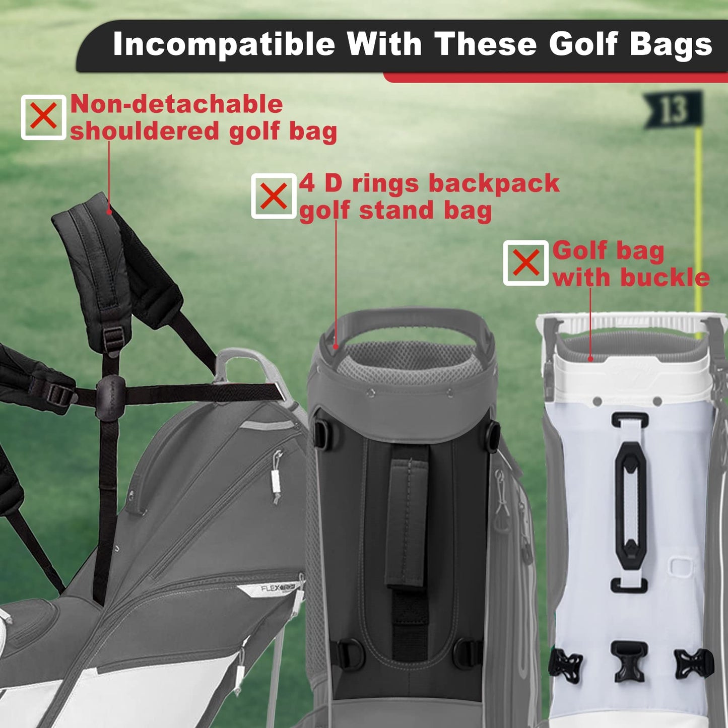 BIG TEETH Golf Bag Straps Swivel Backpack Straps Double Strap, Adjustable Thick Padded Bag Strap, Universal Comfort Easy Installation (2 Buckle Connected Black)