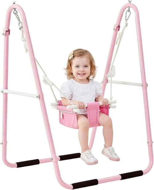 FUNLIO U-Shape Toddler Swing Set - Heavy Duty Metal Frame with Sandbags & Anti-Slip Pads | Portable Pink Design for Indoor/Outdoor Use