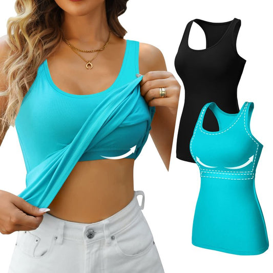 V FOR CITY Womens Racerback Tank with Wide Strap Shelf Bra Cotton Camis Fitted Yoga Workout Tops 2 Pack Black/Aqua S