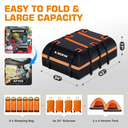 Kingfun Car Rooftop Cargo Carrier Bag, Waterproof 20 Cubic Feet Car Roof Luggage Carrier for All Vechicles with/Without Racks, Includes Anti-Slip Mat, 8 Reinforced Straps, 6 Door Hooks, Luggage Locks