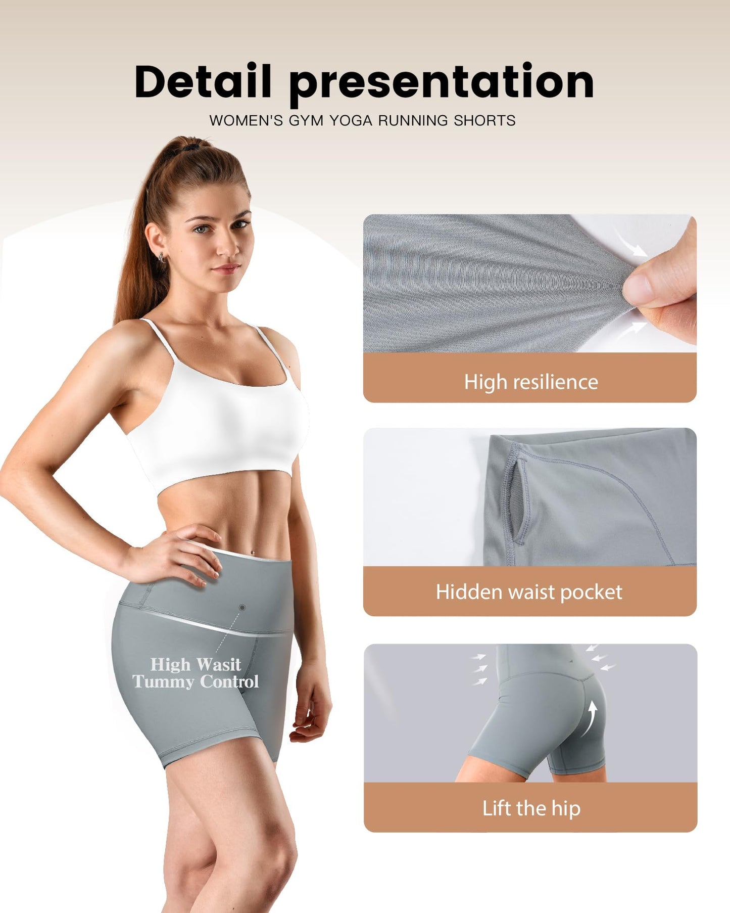 SURF CUZ Women's Board Shorts 5" Seamless Gym Biker High Waist Running Spandex Yoga Tummy Control Leggings Light Gray
