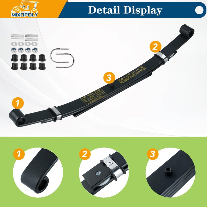Mixopoly 3-Leaf Golf Cart Rear Leaf Springs Replacement for Club Car DS 1981-Up Electric and Gas, Heavy Duty with Bushings, Sleeves, and U Bolts Replace OEM #102006501 1014675 1011149 1012618