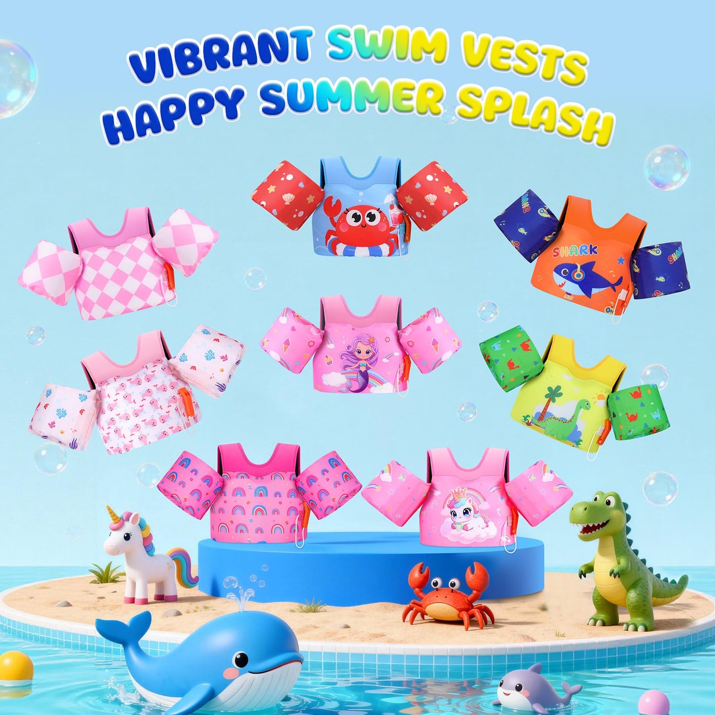 MoKo Toddler Swim Vest for Kids, Arm Floaties for Toddler 20-30-50 lbs, Water Wings with Emergency Whistle, Cute Arm Band Pool Floaties Swim Training Equipment for Pool, Orange Blue Headset Shark