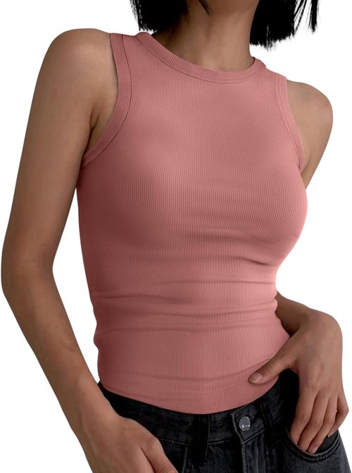 ANRABESS Women's Sleeveless High Neck Tank Top - Casual Slim Fit Ribbed Racerback Shirt for Summer