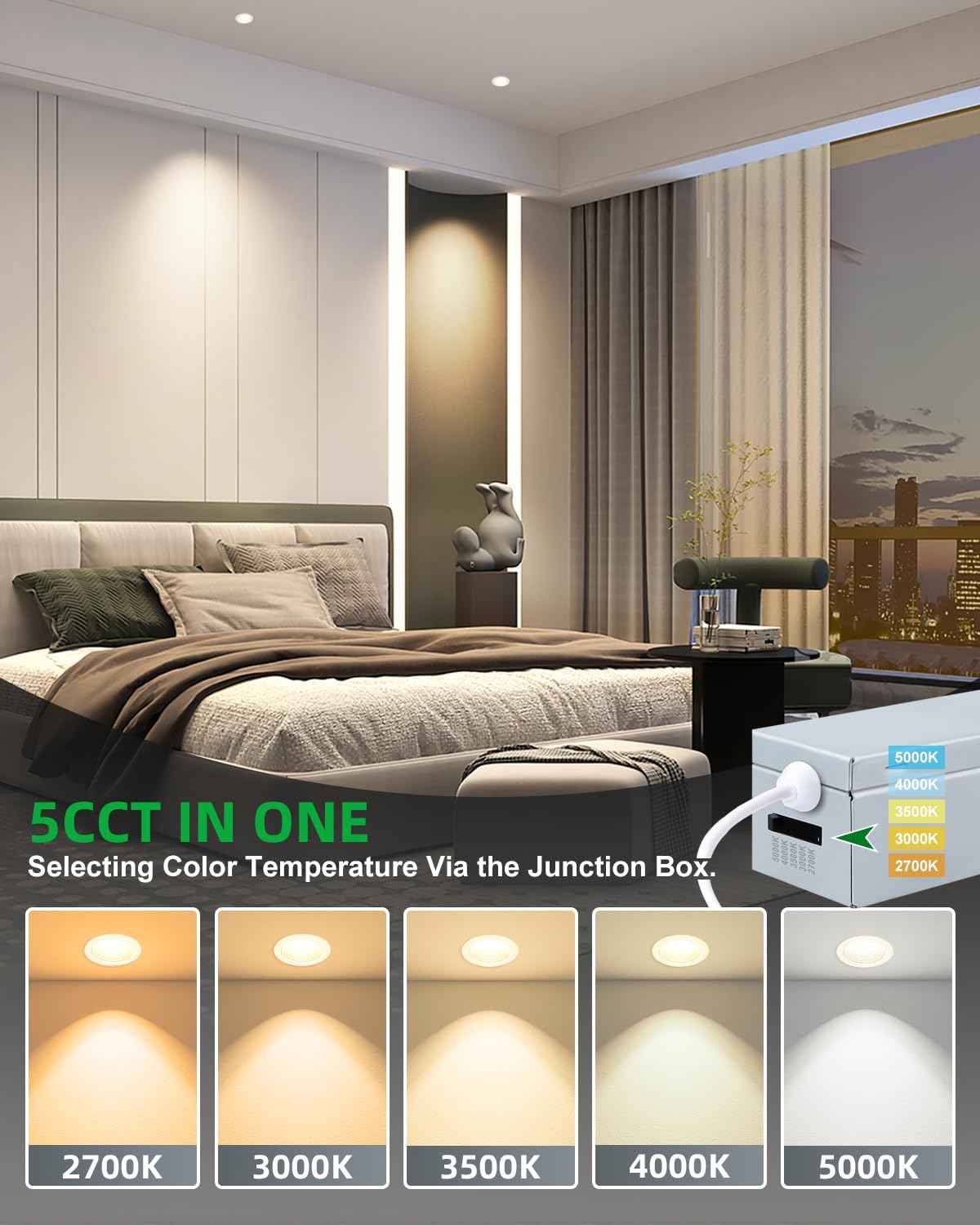 zouzai 6 Pack 2 Inch 5CCT LED anit- Glare Down Light with Junction Box, 2700K/3000K/3500K/4000K/5000K Selectable, LED spot, Dimmable - ETL and Energy Star Certified (White, 2 inch 【6 Pack】)