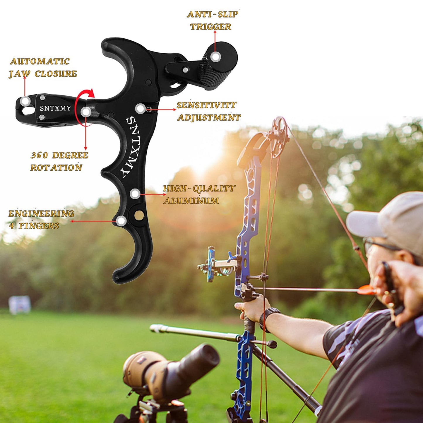 sntxmy Bow Release for Compound Bow, Archery Release Trigger, Compound Bow Release, Thumb Release. (4 Finger Bow Release, Camo)