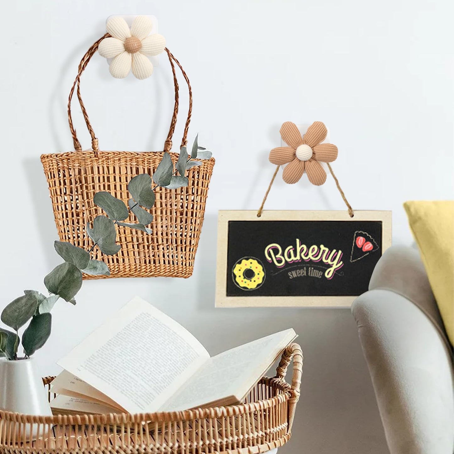 LIYAZHIL 2 Pack Adhesive Wall Hooks Flower Wooden Towel Coat Sticky Hooks for Bathroom Shower Kitchen (Beige)