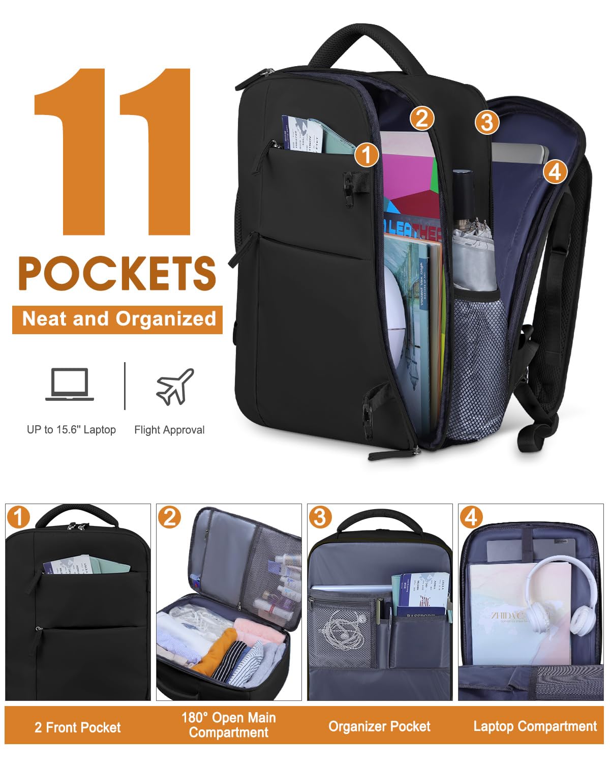 Capolo Travel Backpack for Women Men Waterproof Laptop Backpack Airlines Approved Personal Item Backpack Bag Computer Bookbag for Business, Work, Traveling Fits 15.6 Inch Laptop(Black Zipper)