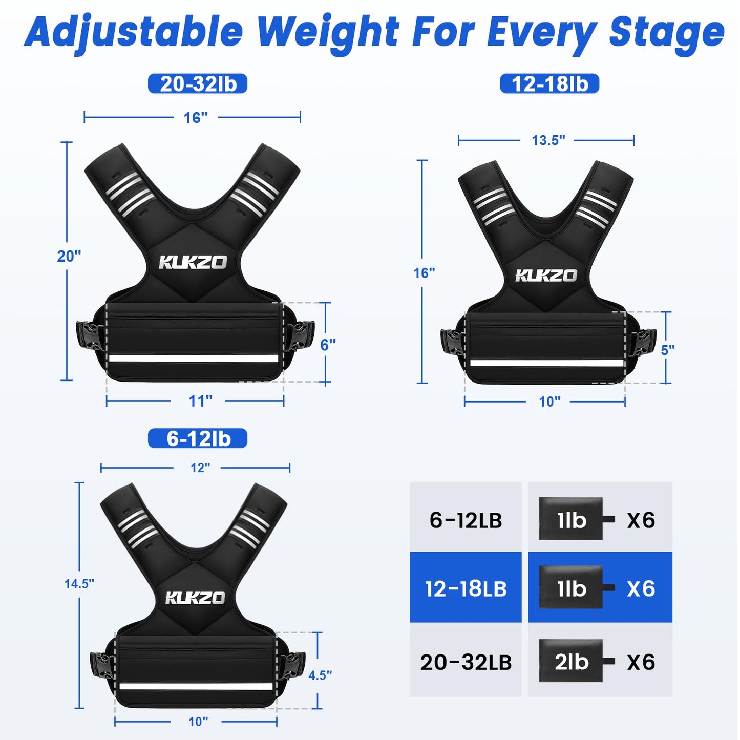 KUKZO Adjustable Weighted Vest Woman Men, 12-18lb Weight Vest with 6 Ironsand Weights for Strength Training Rucking Running Walking Fitness Workout, Black