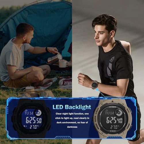 AVTREK Tactical Watch with Compass,50M Waterproof Pedometer, Digital Altimeter Watch for Outdoor Hiking/Climbing(Cafe)
