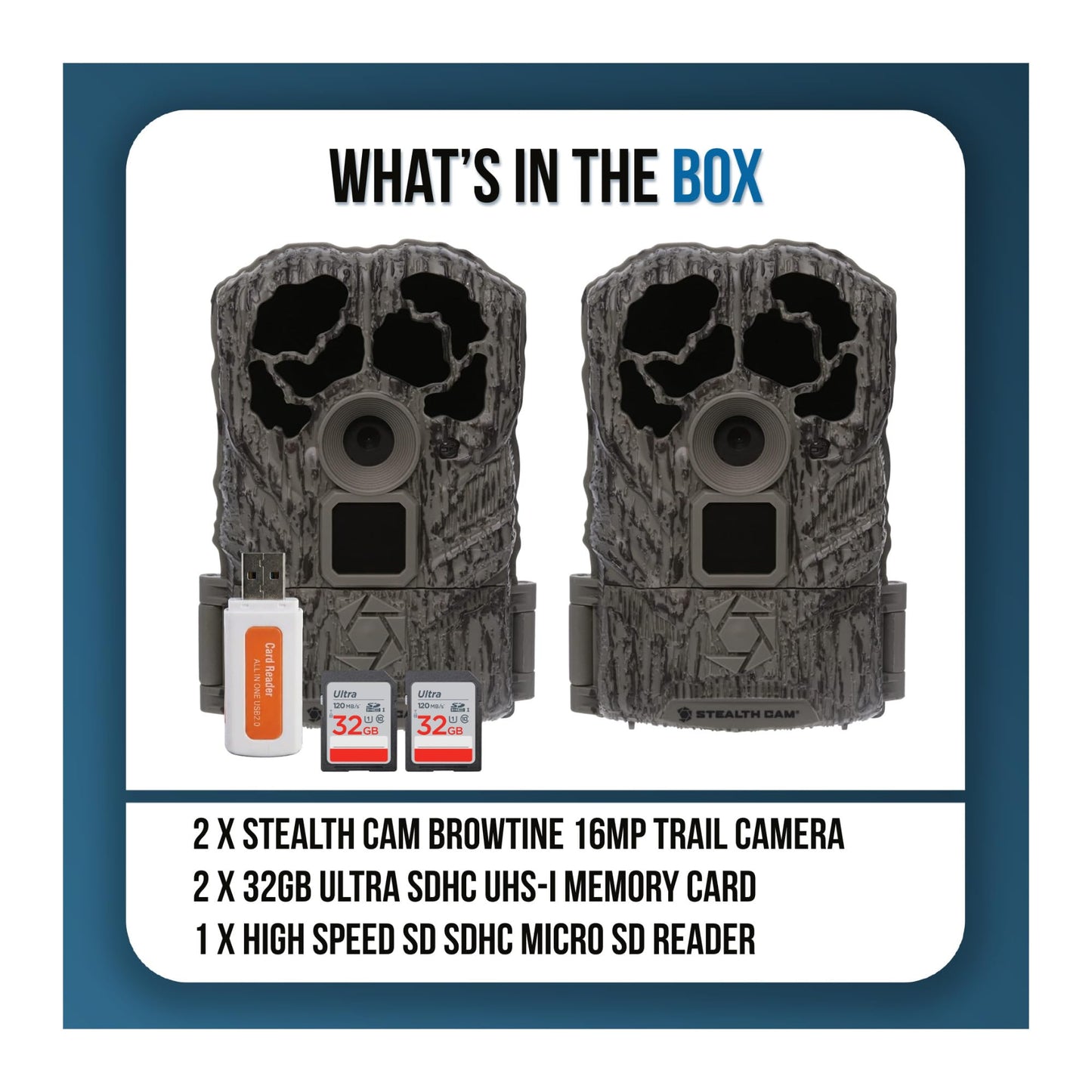 Stealth Cam Browtine 16MP Durable Trail Camera Bundle with 32GB Ultra SDHC UHS-I Memory Card, and High-Speed Card Reader (5 Items)