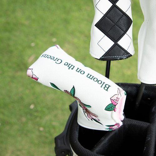 Golf Putter Cover Blade Putter Headcover Azalea Embroidery Golf Club Covers Leather Golf Blade Putter Cover with Magnetic Fit Most Brand (White)