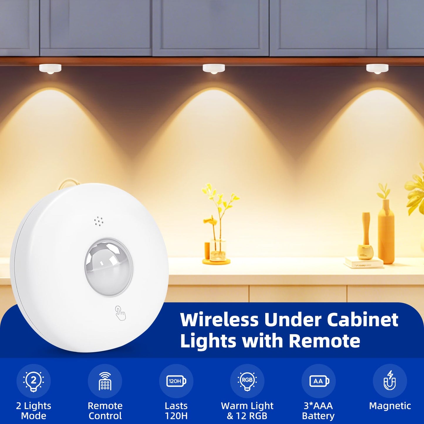 Aokpsrt LED Puck Lights with Remote Control, 13 Colors Battery Operated Tap Lights, Dimmer& Timer Magnetic Under Cabinet Light, Wireless Stick on Light for Closet, Bedroom, Kitchen White 3Pcs