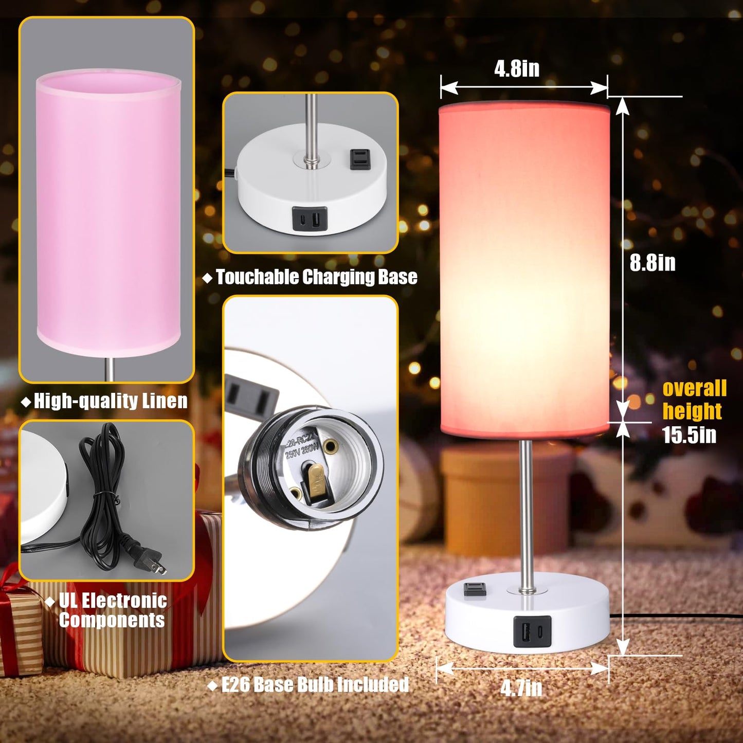 Gugsey Table Lamp with USB Port - Desk Lamp Touch Lamp Bedside Lamps for Bedroom, 3 Way Dimmable Small Lamps for Living Room, Nightstand, Nursery, Dorm, Home, Office, White Base+ Pink Lampshade