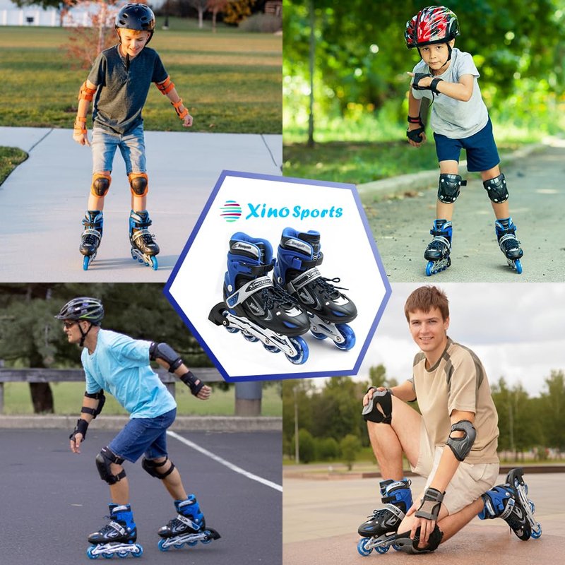 XINO SPORTS Adjustable Inline Skates for Boys and Girls - Pro Quality - Beginner Friendly with Illuminating LED Light-Up Wheels, for Indoor and Outdoor Skating (Blue, Large 5-8)