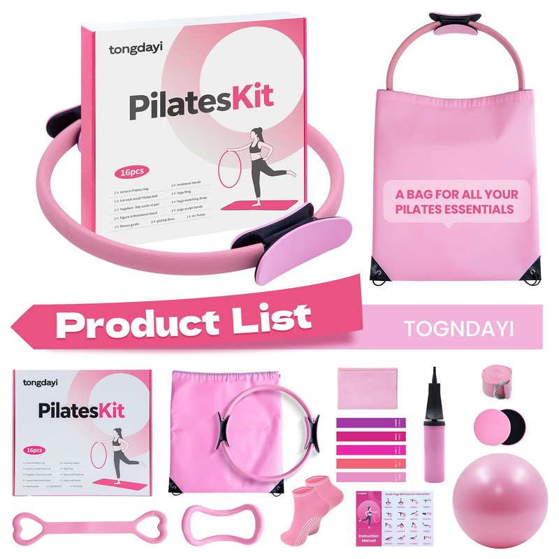 16Pcs Home Pilates Equipment for Women, Pilates Kit with 14'' Pilates Rings, Yoga Ball, Sliding Disks, Pilates Bands & Accessories - Workout Equipment Home Gym Includes Complete Fitness Poster