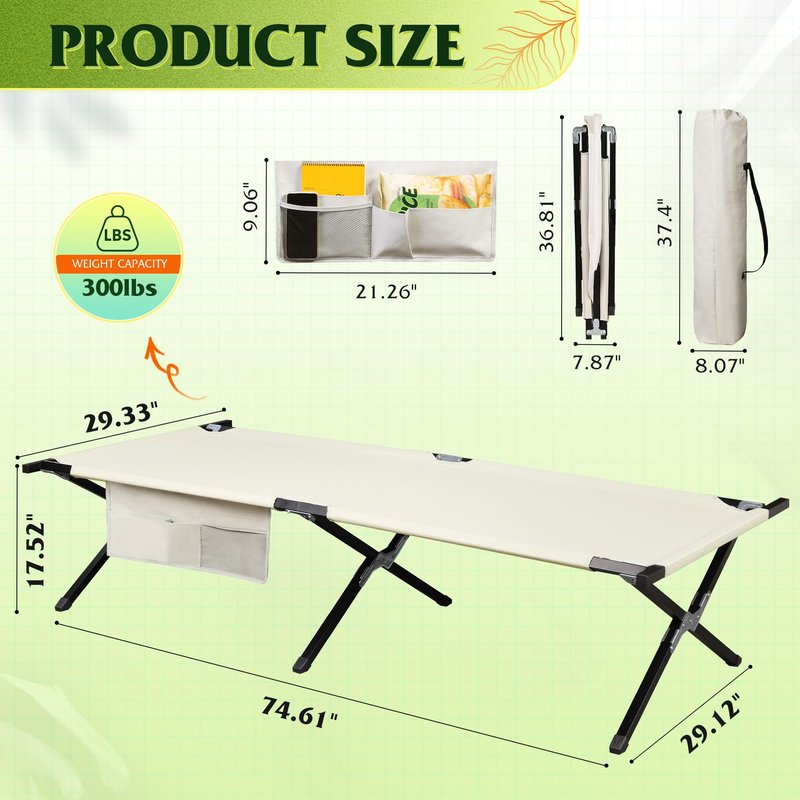 WLIVE Military Camping Cot, Portable Folding Cots for Sleeping with Carry Bag, Outdoor Camping Bed for Adults with Side Pocket, Support 300 Lbs, Silver Greige