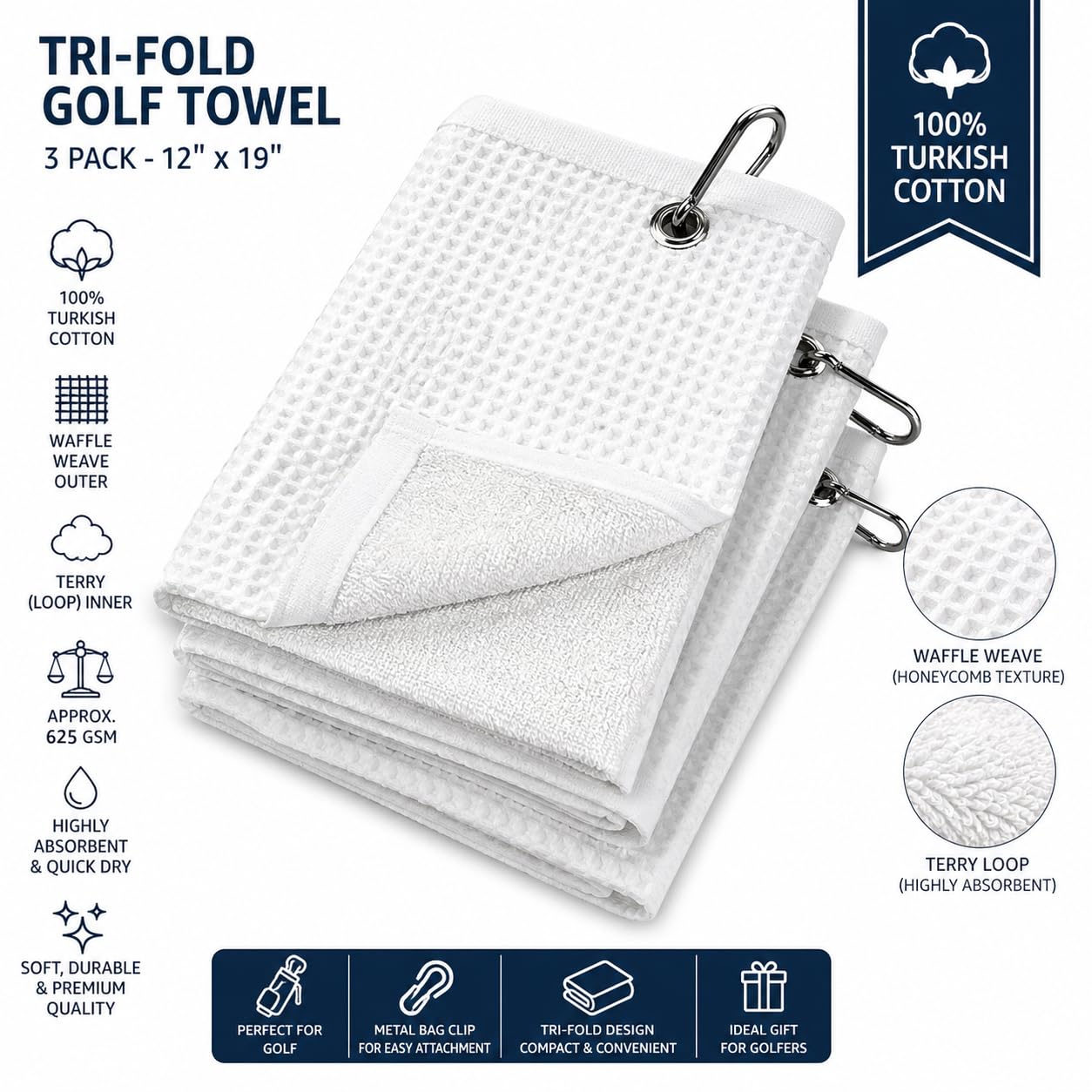 3 Pack -12"x19" Tri-fold Golf Towel with Metal Bag Clip, Cotton Terry-Waffle Cloth Golf Towels for Men&Women Lover Boyfriend Dad Gifts(White)