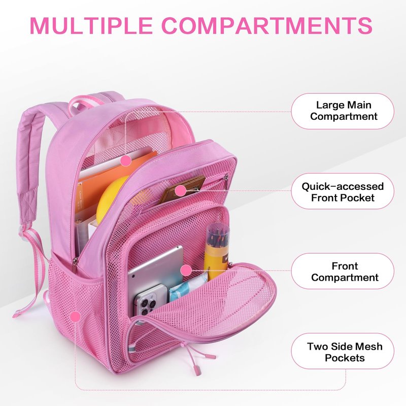 XOAOKO Mesh Backpack Heavy Duty See Through bookbag for College, Transparent Backpack for Beach, Swimming, Sports, Travel-Pink