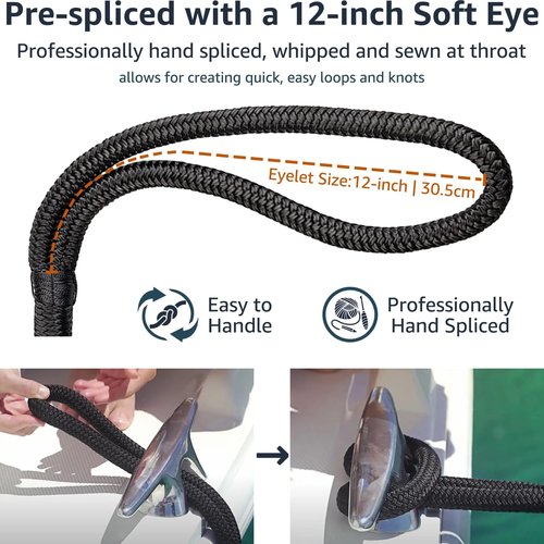 Marine Grade Nylon Dock Lines by [Brand Name] - 1/2" x 30' Double Braided Boat Rope with 12" Loop - High Strength, Fray Resistant, Easy Handling - Black (2 Pack)