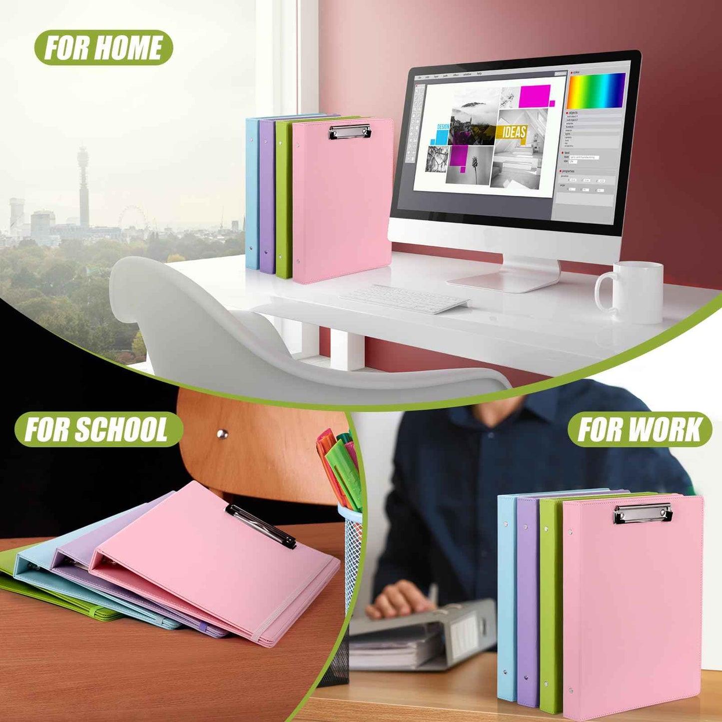 Ctosree 4 Pack Clipboard Binder 3 Ring Binder 1 inch with Pockets PU Leather Clipboard Folder Fits Letter Size 11" x 8.5" Paper Document Organizer for Office Home School