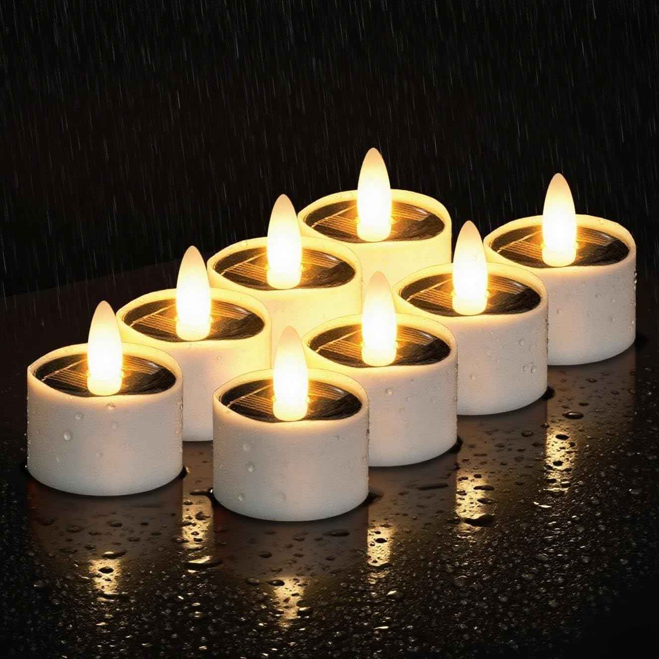 HL Solar Tea Lights, 8PCS Outdoor Waterproof Flameless Candles, Dusk to Dawn Rechargeable Battery LED Tea Lights for Lantern, Garden, Camping, Home Decor (Warm White, 1.5''x1.61'')