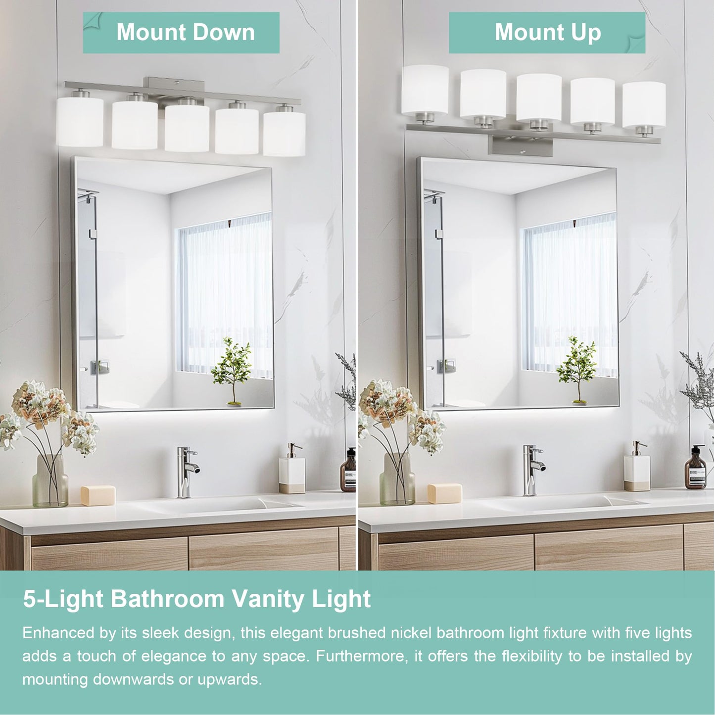Honesorn Modern Vanity Lights - 5-Light Bathroom Fixture with Frosted Shade & Anti-Rust Nickel Finish